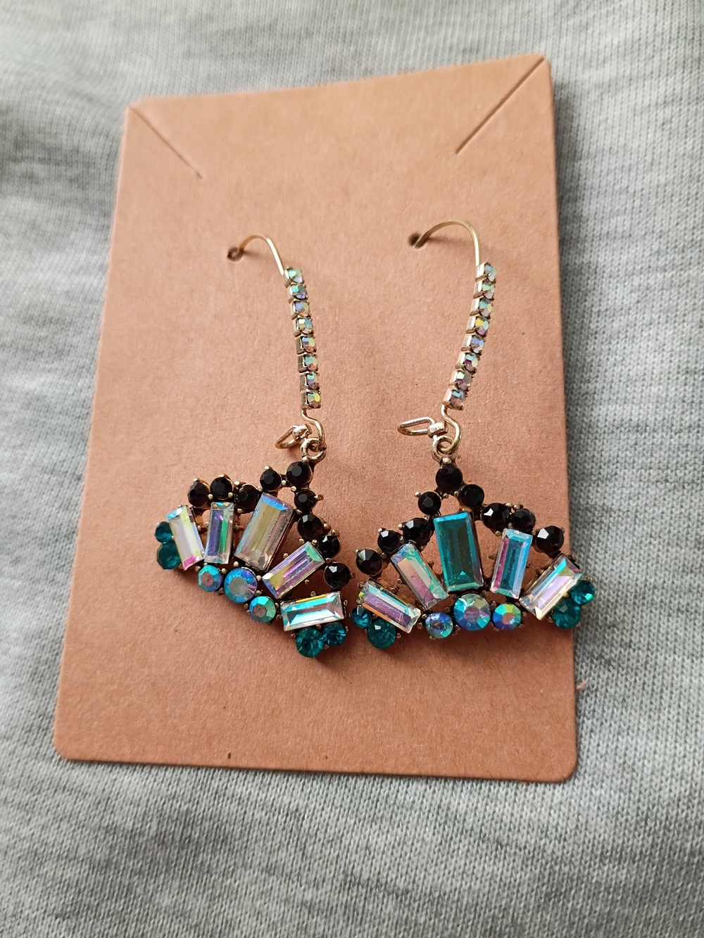 Betsey Johnson Crystal AB Rhinestone Fan Drop Earrings Gold-Tone.